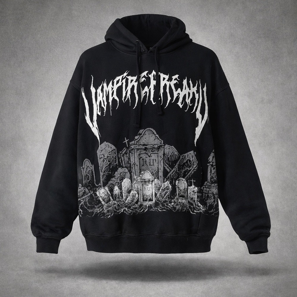 VampireFreaks‎ Goth Hoodie Graveyard Graphic Black Pullover Mens Medium